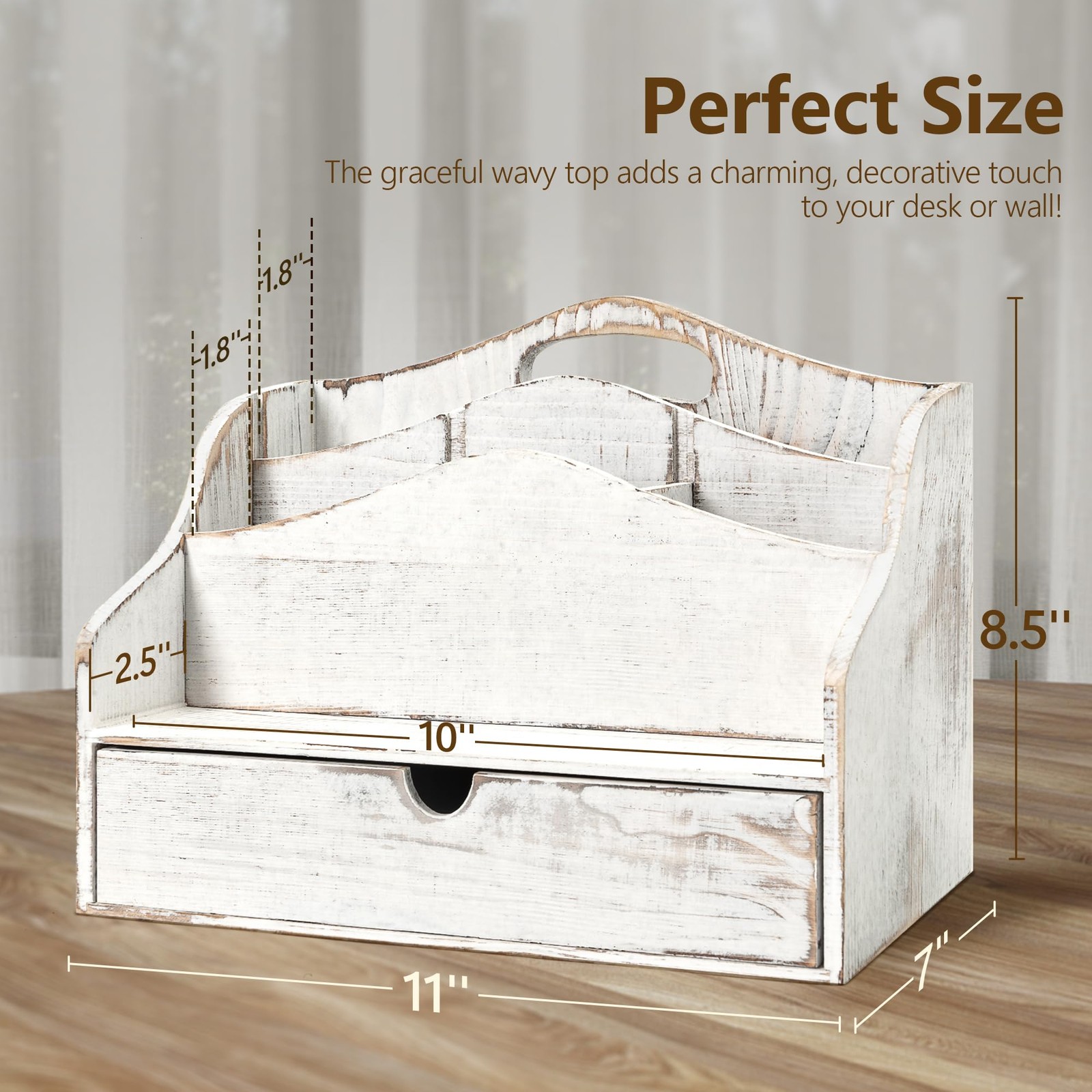 Pine Wooden Mail Organizer for Desk – Retro Farmhouse Holder A-Whitewash
