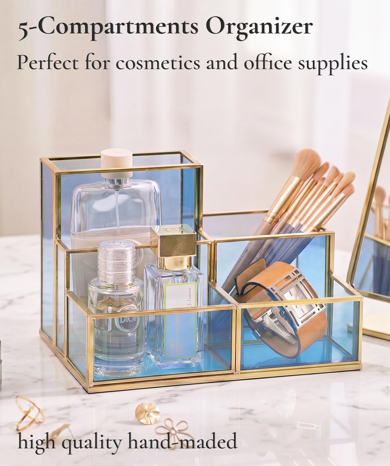 5-Compartment Desk Organizer for Home Office Supplies, Gold Brass with Blue G…
