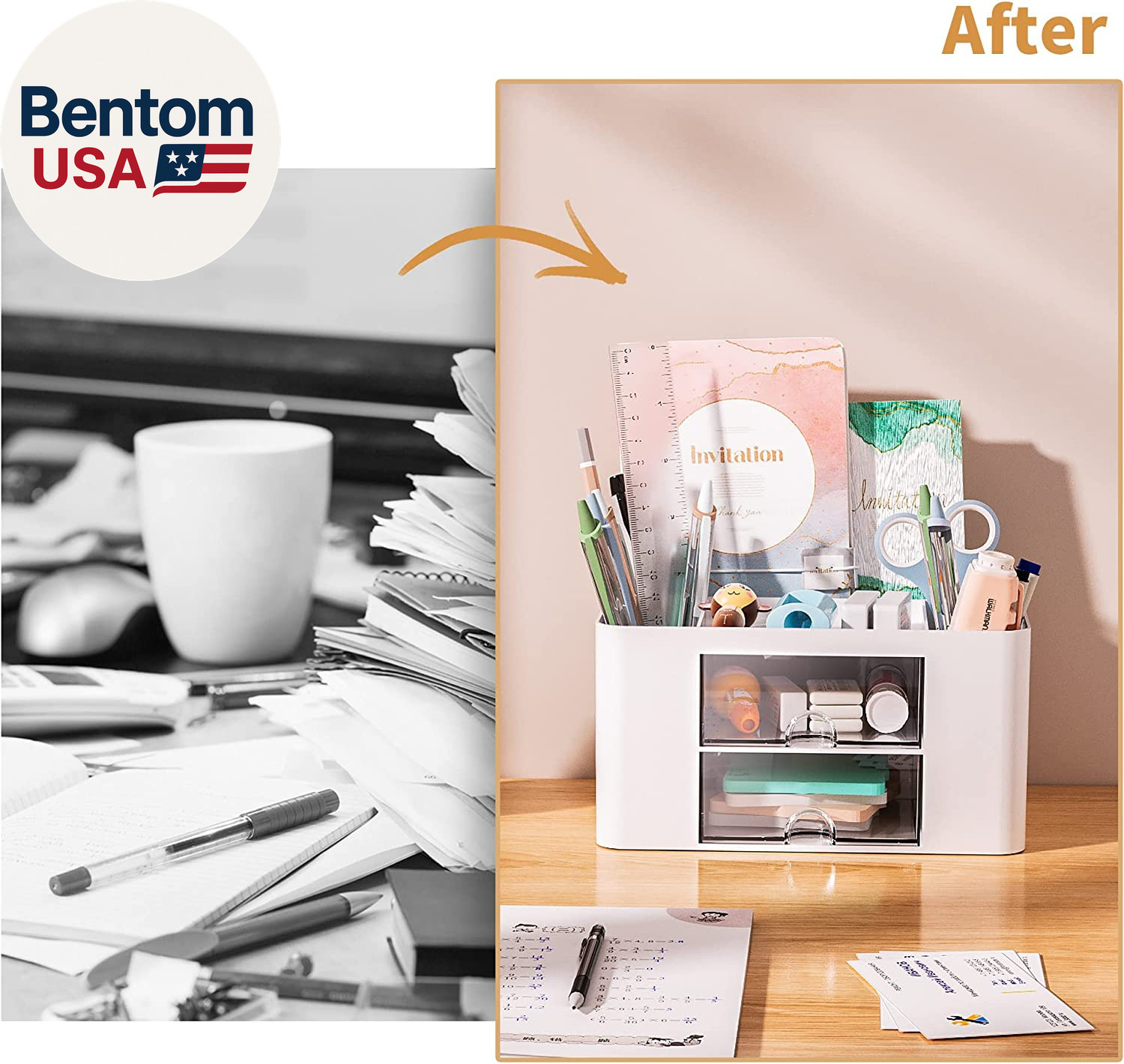 Pen Organizer with 2 Drawer, Multi-Functional Pencil Holder for Desk, Desk Organ