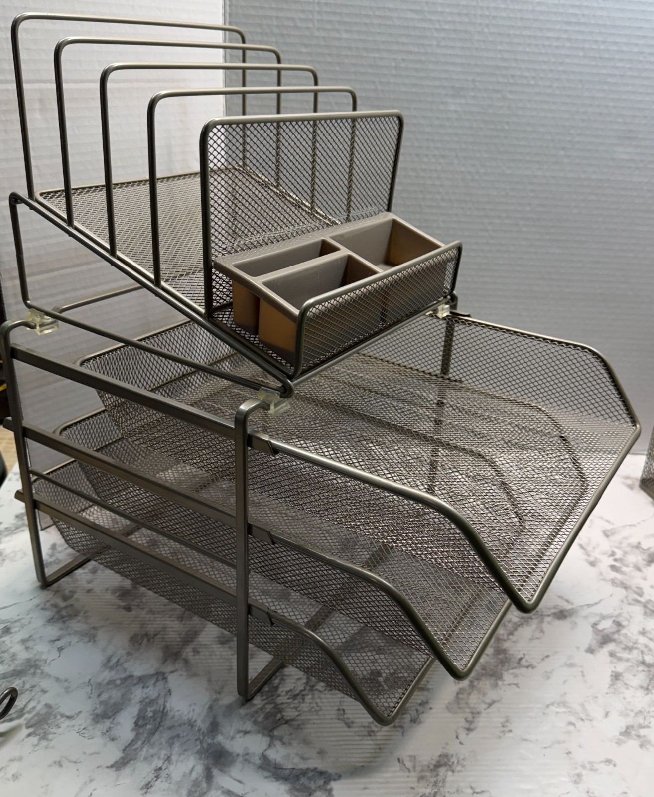 Mesh Metal Office Desk Organizer Steel Grey Finish Sliding Baskets Paper Holders