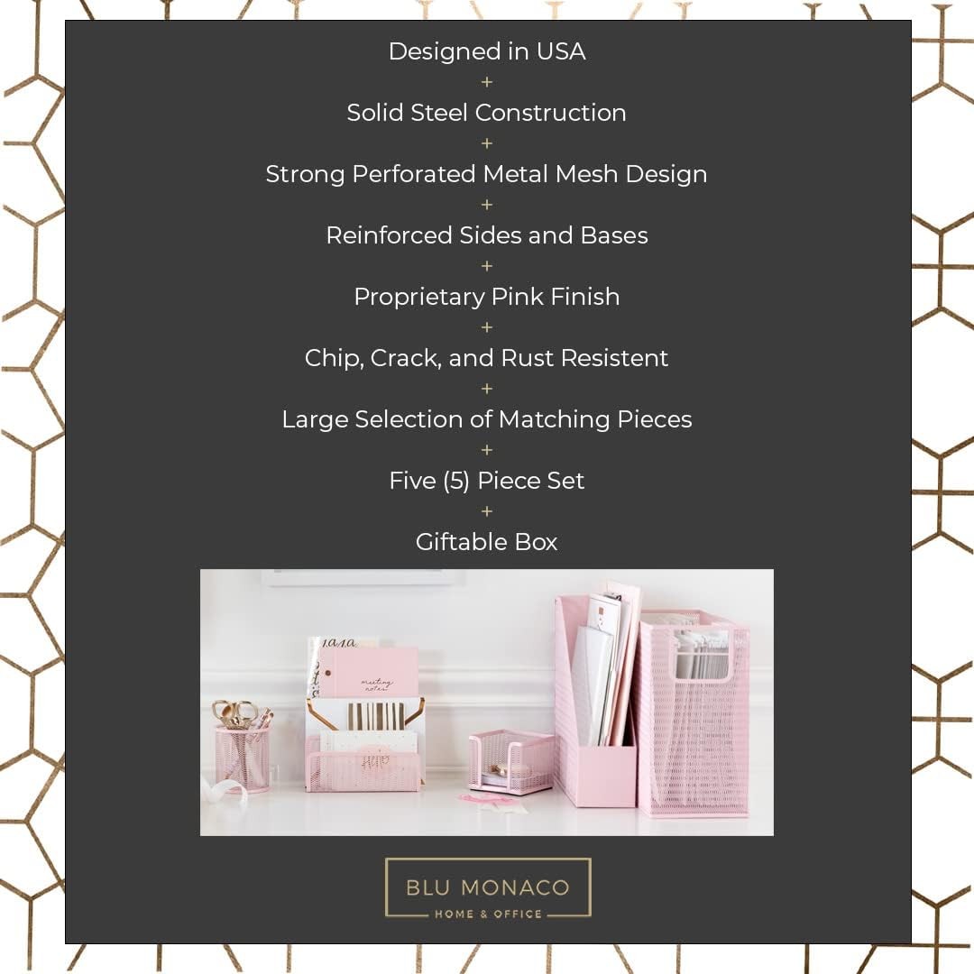 Pink Metal Desk Organizer Set – 5 Piece Office Accessories