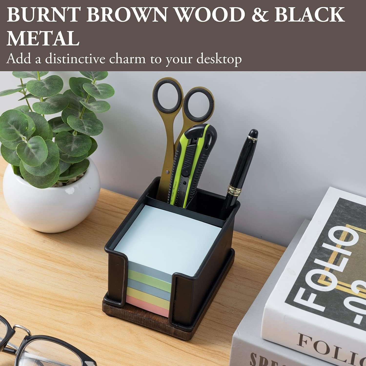 Black Metal Office Stationery Organizer with Sticky Note Holder and 2 Pen Slots