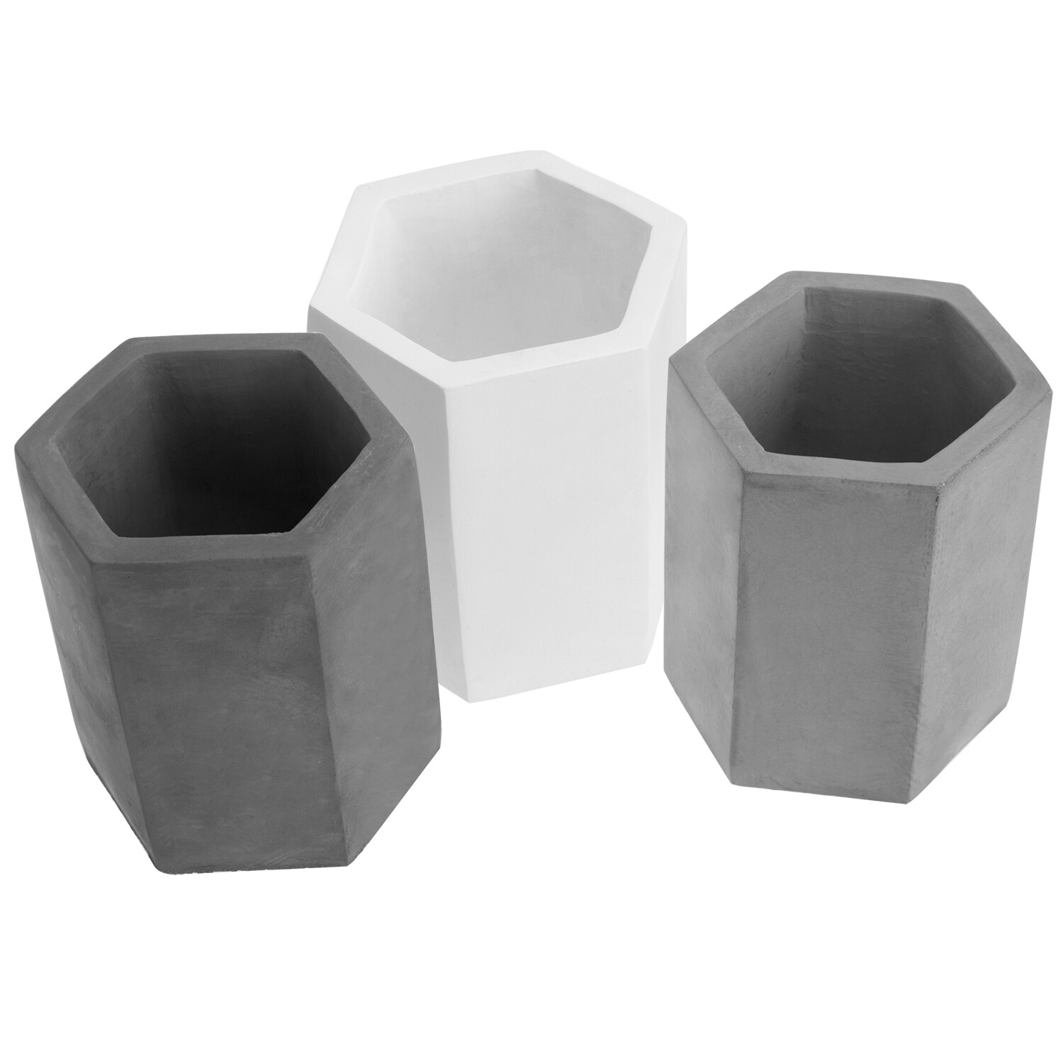 MyGift Set of 3 White Gray and Black Hexagon Concrete Desktop Pencil Cup Holders