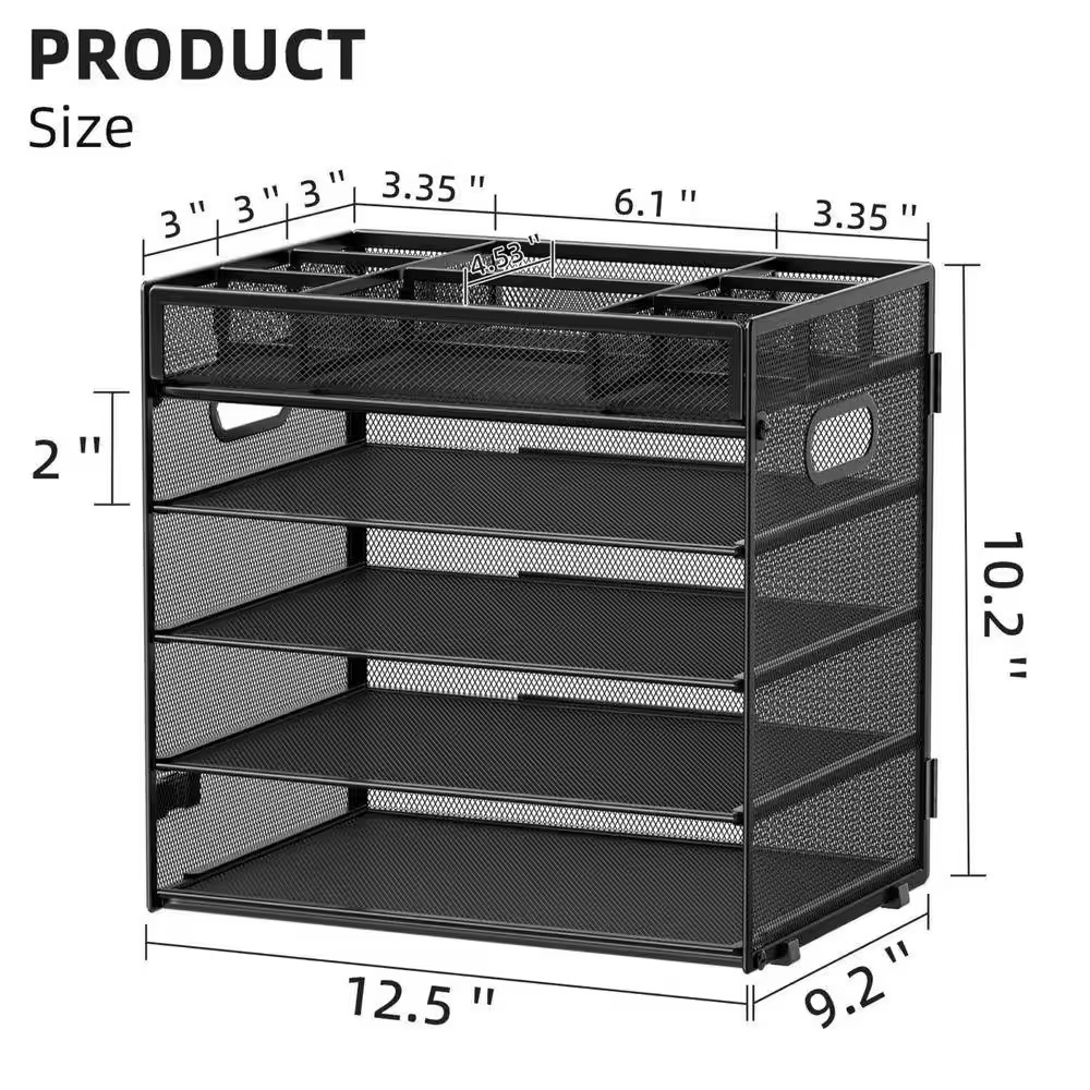 12.5 in X 10.2 in Black Metal 5-Tier Letter Tray Paper Organizer with Handle, Ad