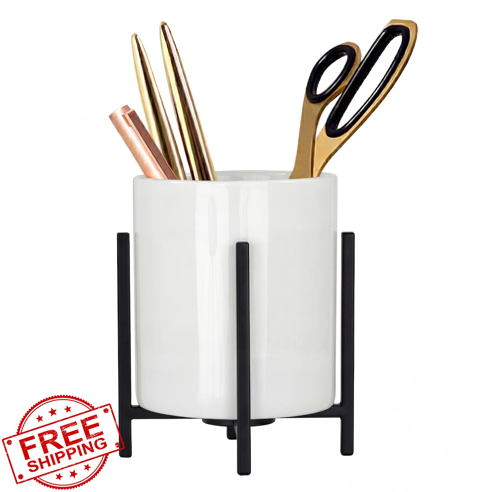 MONOSUGO Ceramic Pen Cup White Black Legs