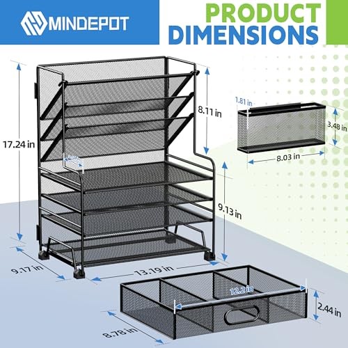 MINDEPOT 4-Tier Desk Organizer with File Holder, Drawer & Pen Holders – Black