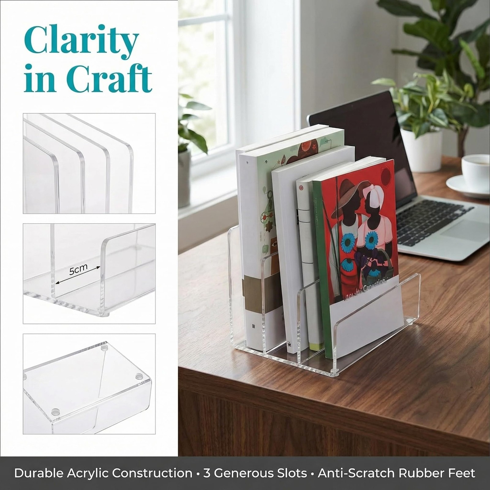 Clear Acrylic 3 Section Vertical Desktop Organizer File Holder 9×6.5×6.5 Inch
