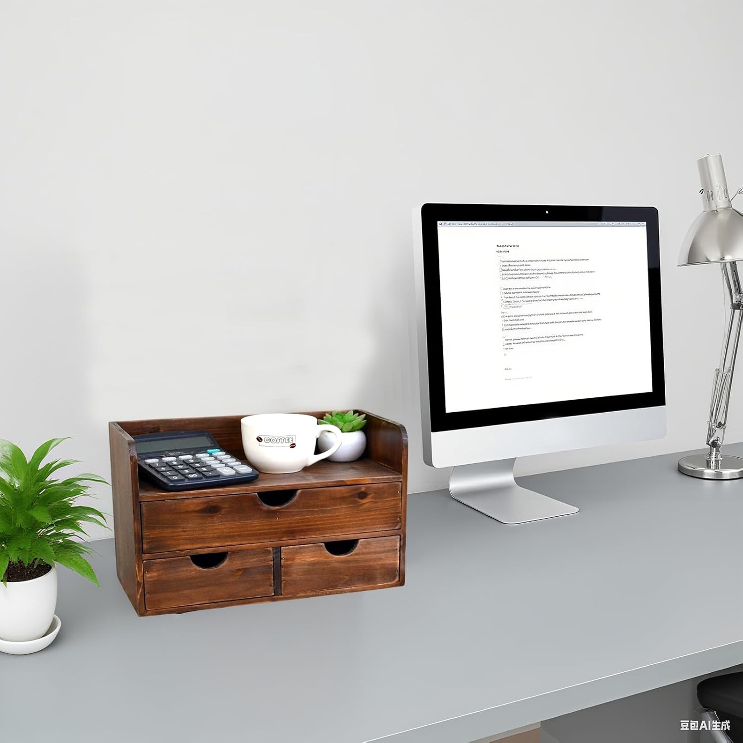 Wooden Desk Organizer 3 Drawers Shelf Rustic Brown