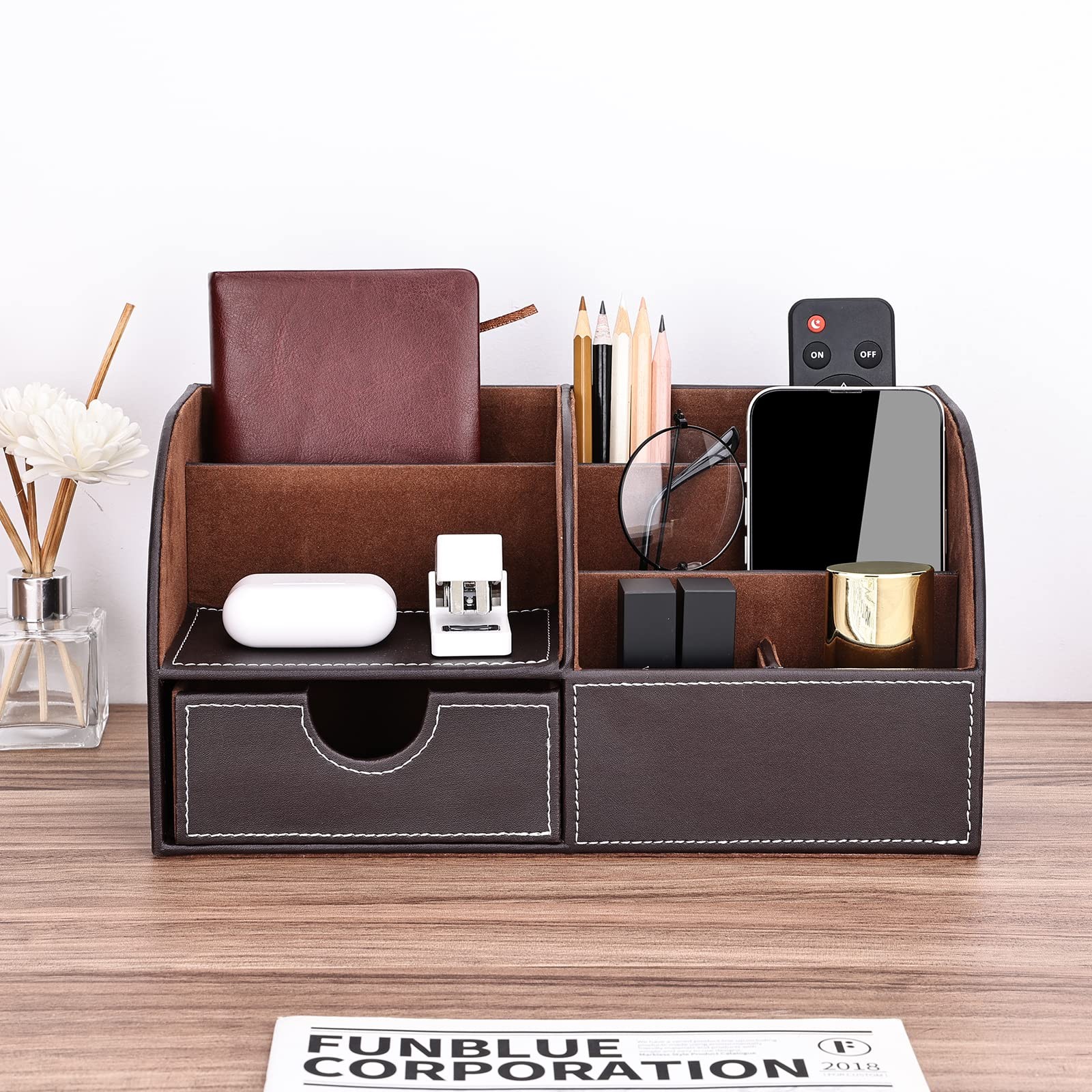 KINGFOM Pu Leather Desk Organizer Pen Pencil Holder Office Supplies Brown