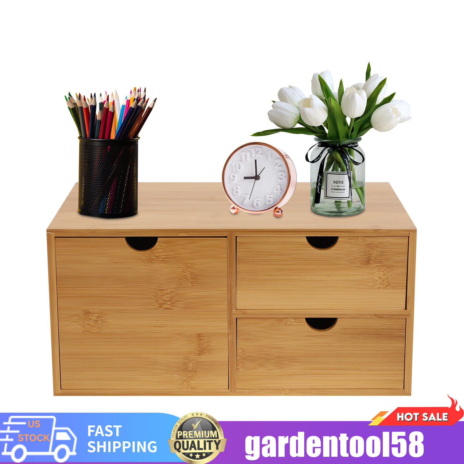 Desk Organizer Drawers Office Desktop Storage Bamboo Box Storage Recess Handle