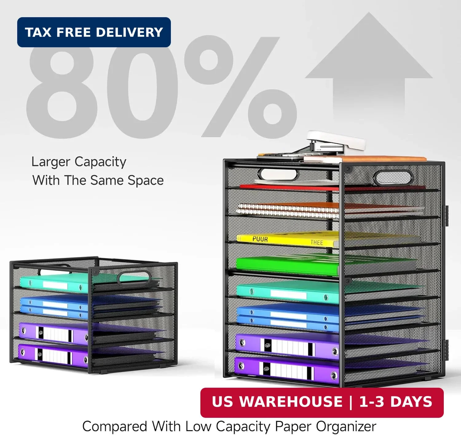 Cawukege 9 Tier Paper Organizer with Handle, Black Large Capacity Desk Organizer