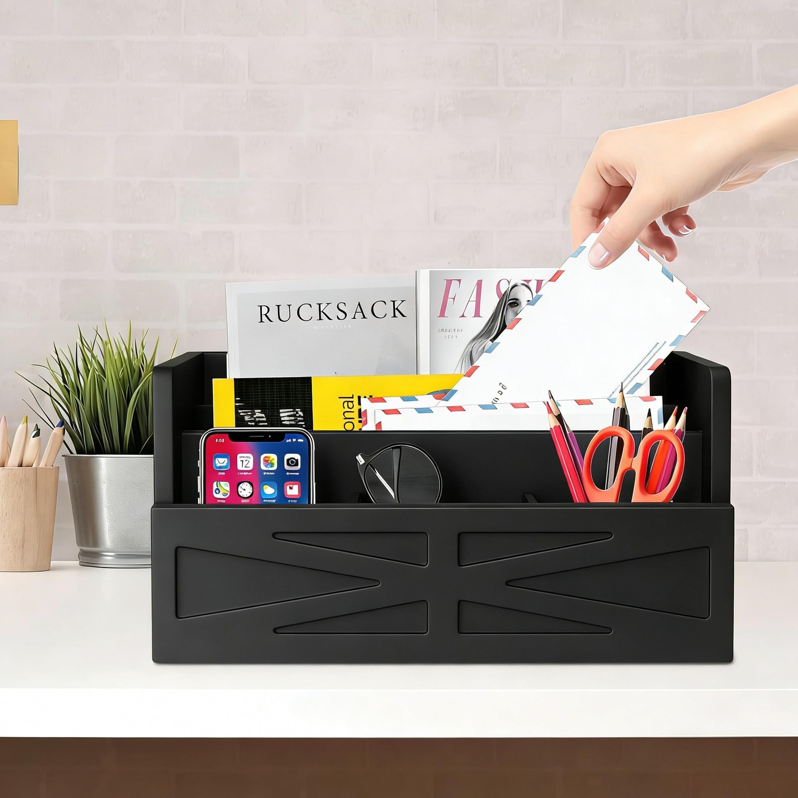 Black Wood Mail Organizer Countertop Sorter For Desk Rustic Bill Storage
