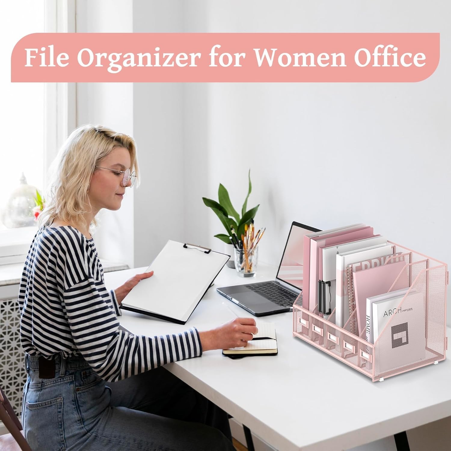 Metal Desk File Holder 5 Compartments Magazine Organizer Rack Pink