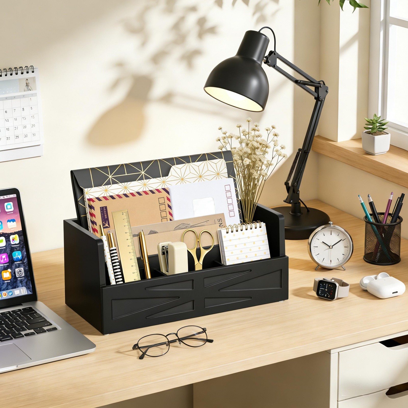 Black Wood Mail Organizer Countertop Sorter For Desk Rustic Bill Storage