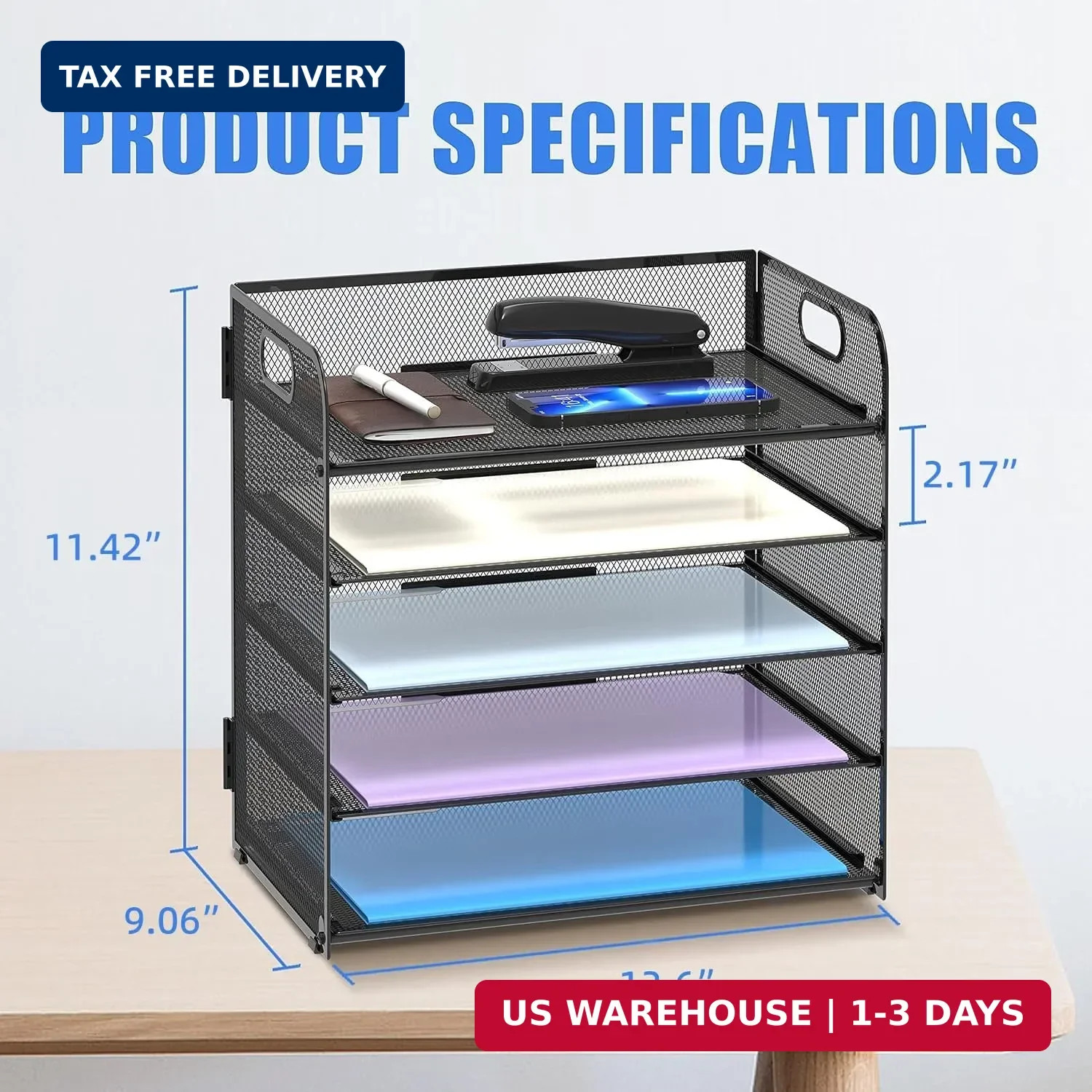 Supeasy 5 Trays Paper Organizer Letter Tray with Handle-Mesh Desk File Holders,