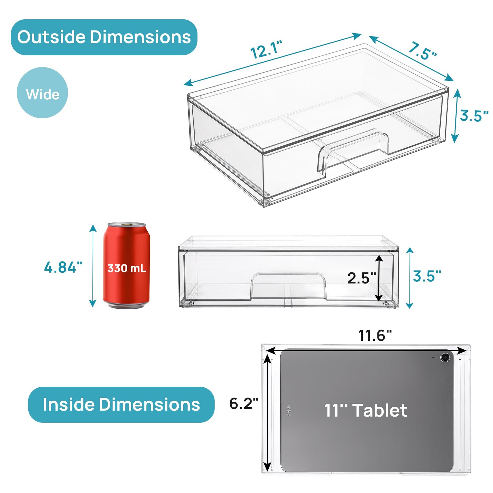 Vtopmart 12.1”W Clear Stackable Storage 7.5″D x 12.1″W x 3.5″H, clear