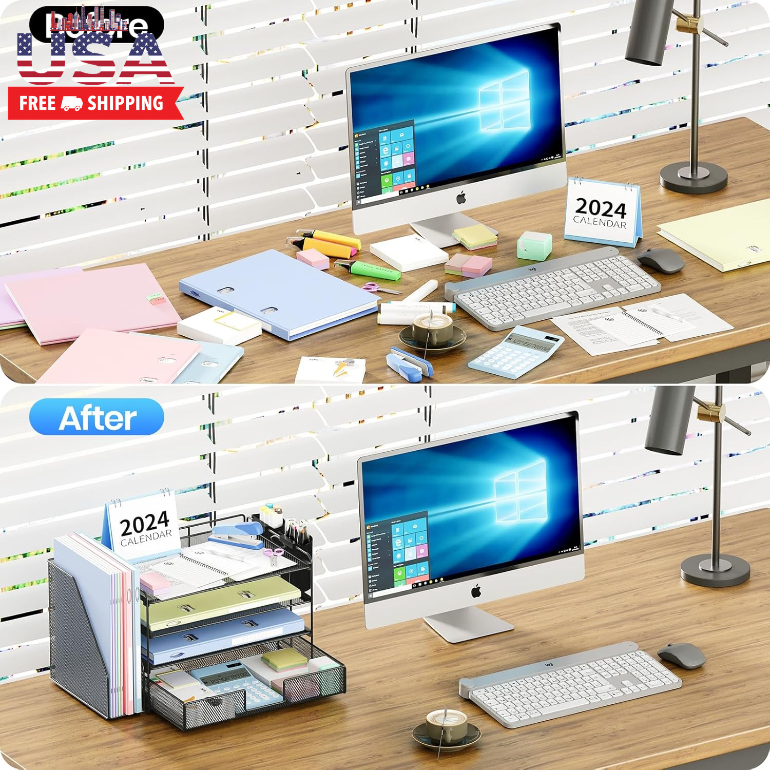 Desk Organizer, 4-Tier Desktop File Organizer with Drawer and 2 Pen Holders, Off