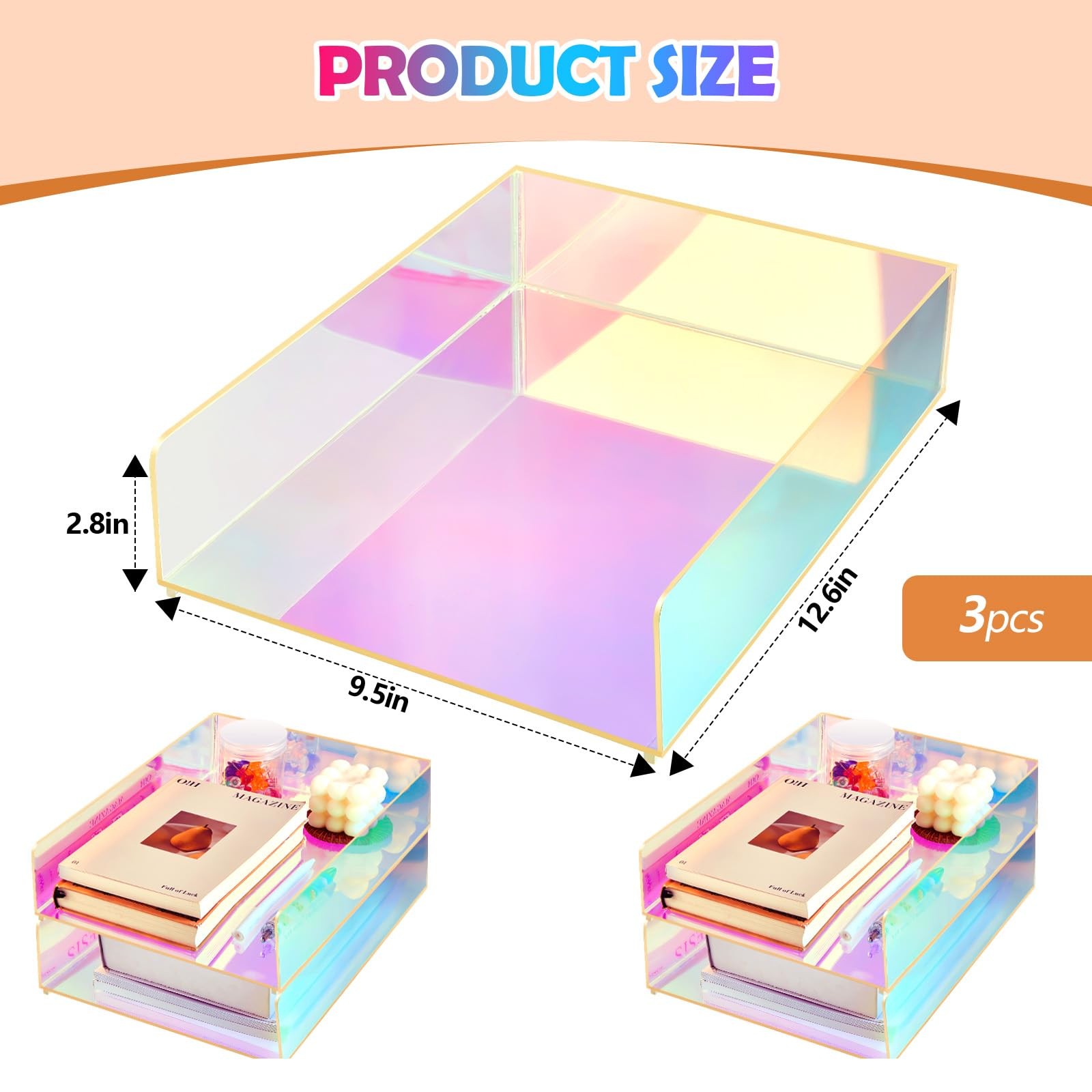 3 PCS 12.6×9.5 inch Iridescent Acrylic Stackable Letter Tray Paper Organizer