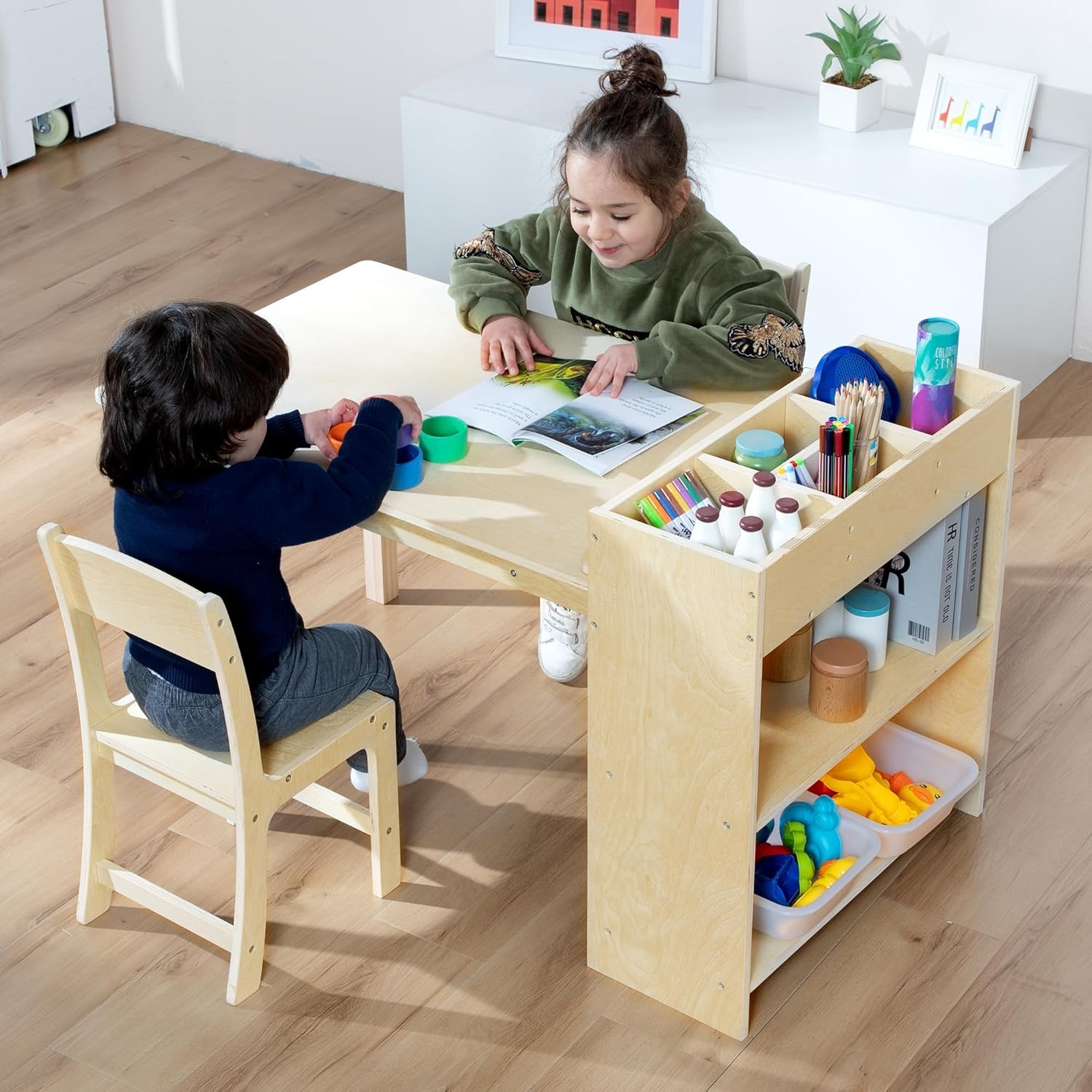 Kids Art Table and Chair Set, Birch Wooden Activity Craft Table, Kids