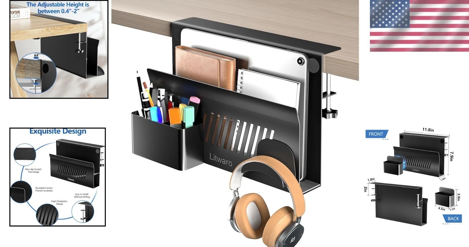 Multifunctional Desk Side Storage with Magnetic Pen Holder & Headphone Hook