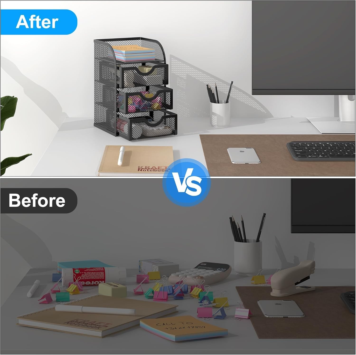 Durable Rust-Resistant Metal Desk Organizer with 3 Drawers & Visible Storage