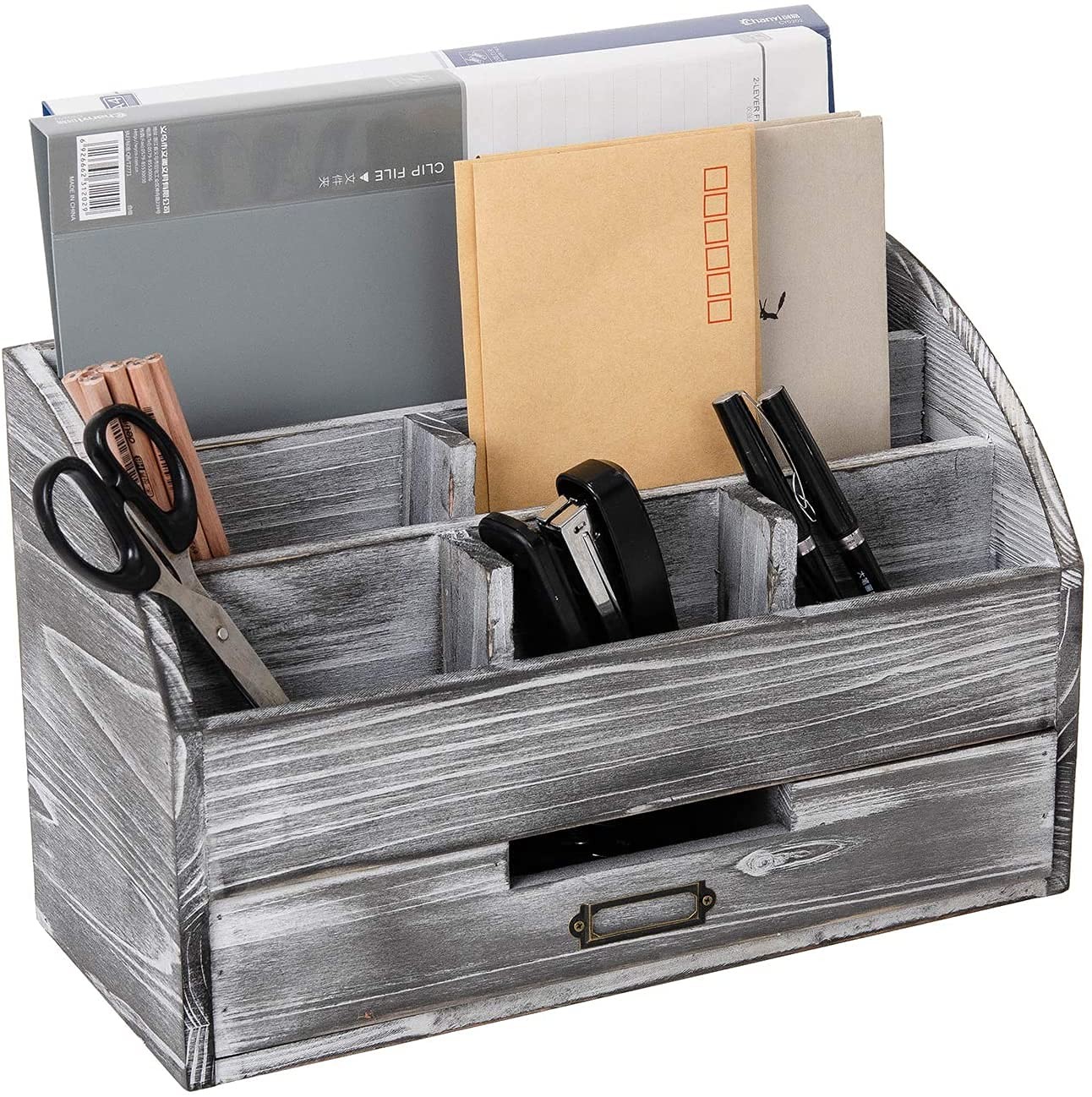 VERGOODR Rustic Wooden Office Desk Organizer 5 Compartment with 2 Grey white