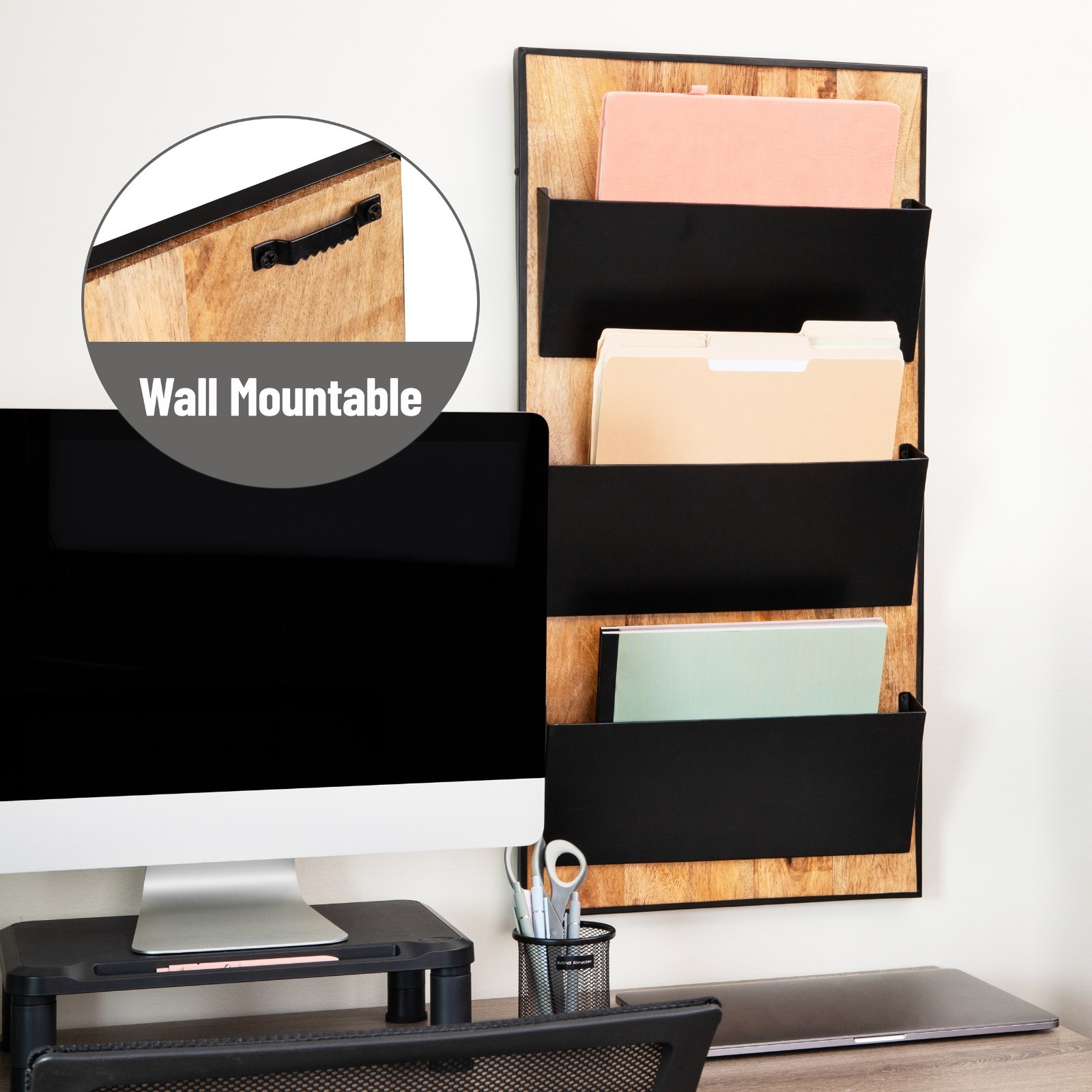 3-Tier Wall-Mounted File Organizer, Wood and Metal Vertical Rack, Black