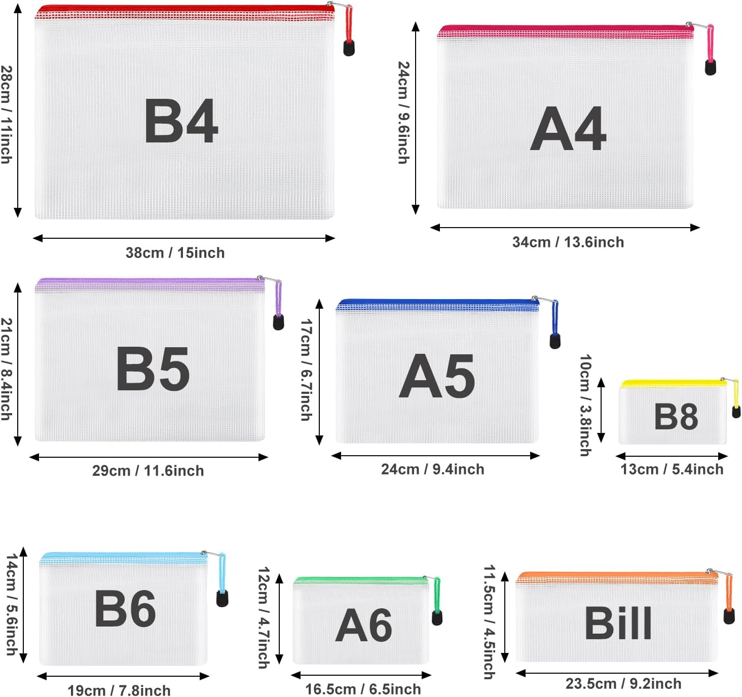 8Pcs Mesh Zipper Pouch – 8 Sizes Waterproof Zipper Bags, 8 Colors Waterproof Pla