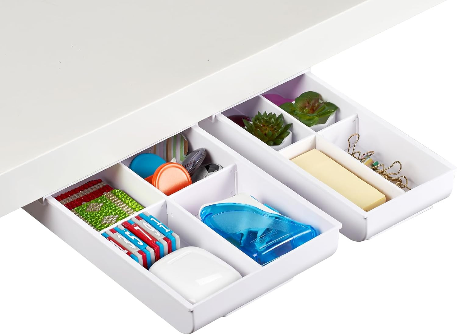 Konnect under Desk Drawer, Self-Adhesive Slide Out Storage Organizer with 4 Cust