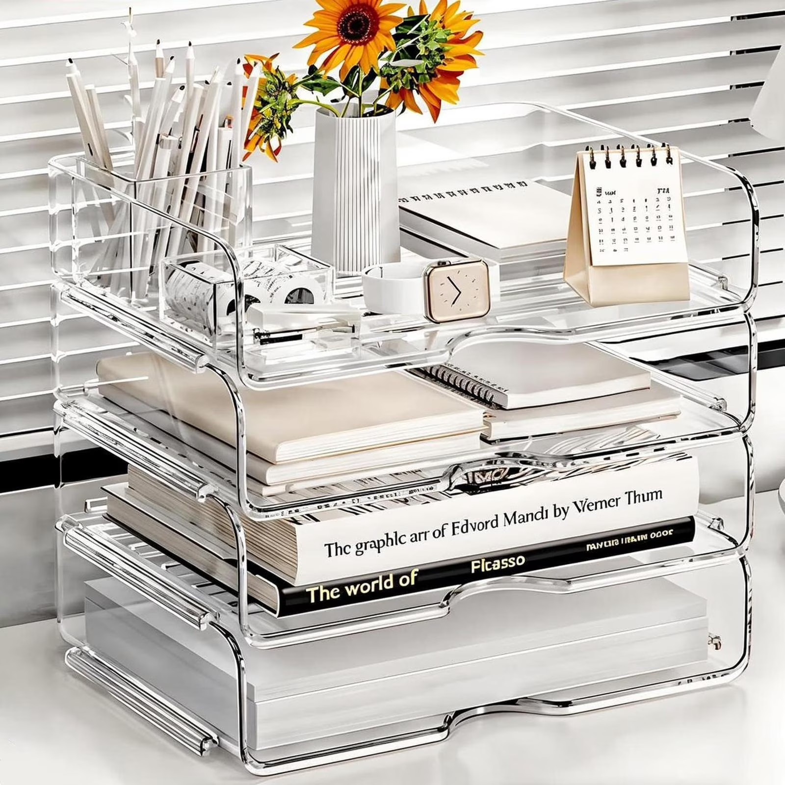 Clear 4-Tier Stackable Desk Organizer, Horizontal Paper File Tray, Desktop Docum