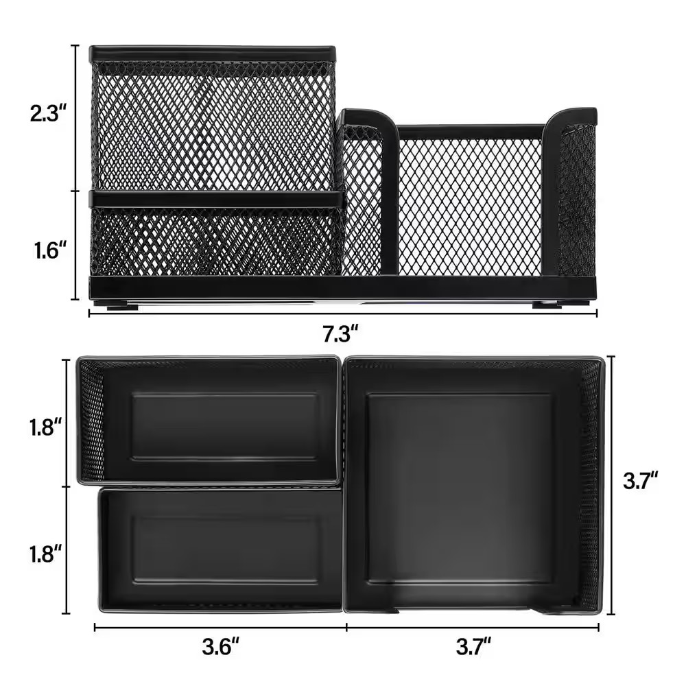 Black Metal Mesh Desk Organizer 3-Compartment Pen Pencil Holder Non-Slip Base Of