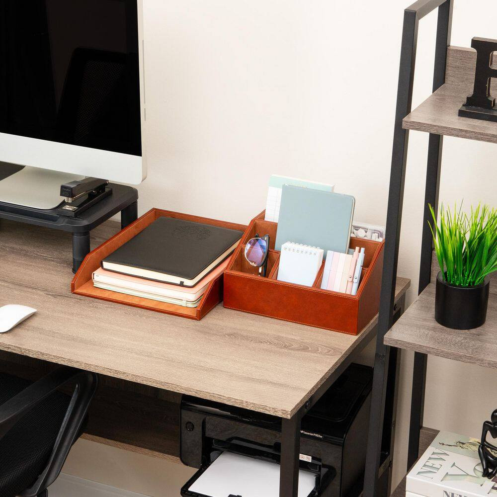 Brown 13.25 In. W X 5.25 In. H Polyurethane Leather Stackable Desk Organizer and