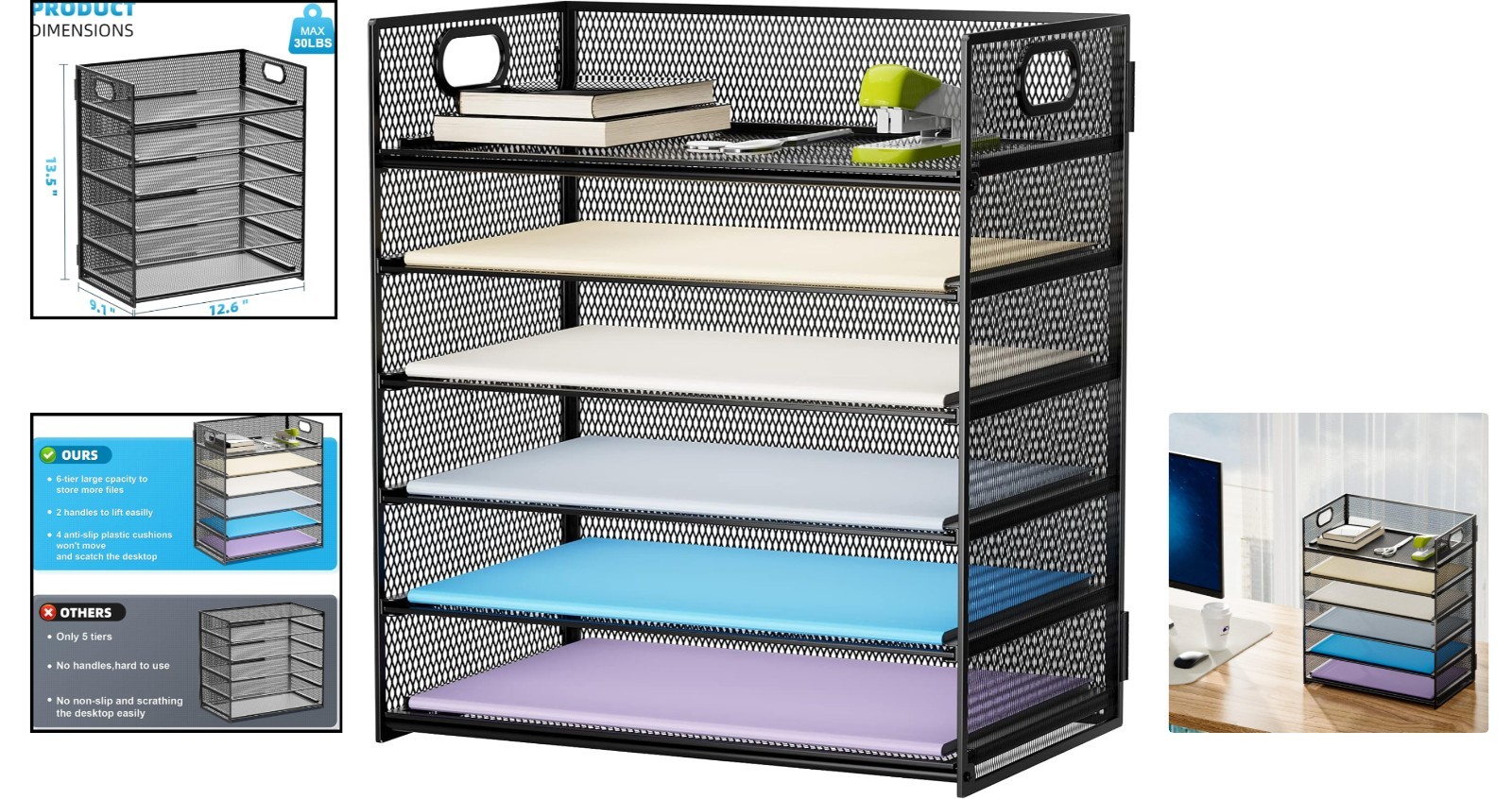 Durable Black Mesh Desk Organizer – 6-Tier Paper Holder for Efficient Workspaces