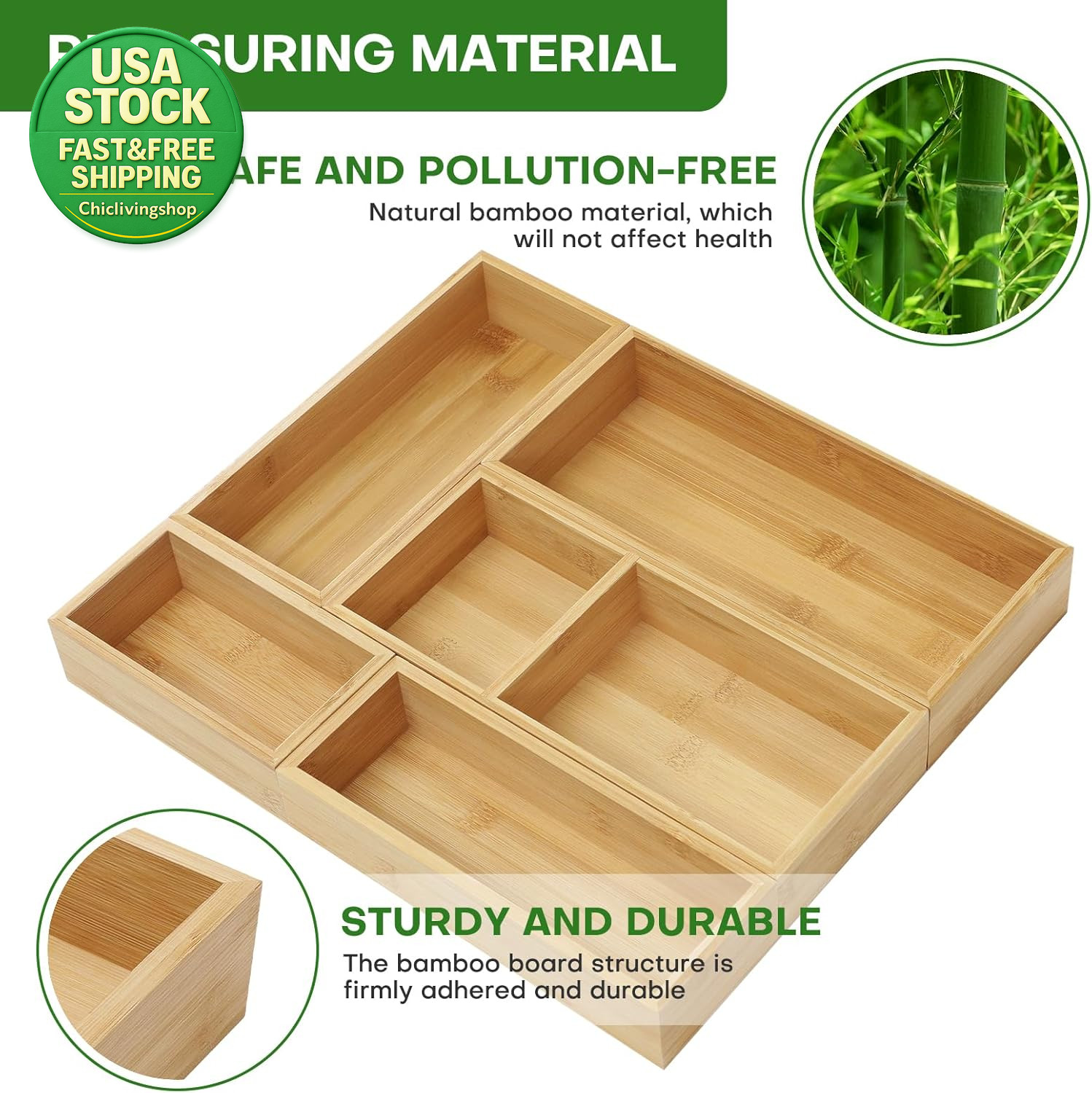 Bamboo Drawer Organizer Set 5 PCS Storage Dividers Trays for Kitchen Office