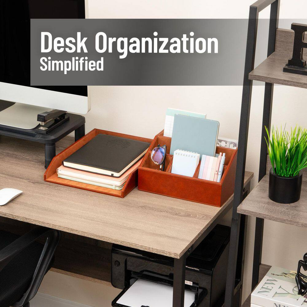 Brown 13.25 In. W X 5.25 In. H Polyurethane Leather Stackable Desk Organizer and