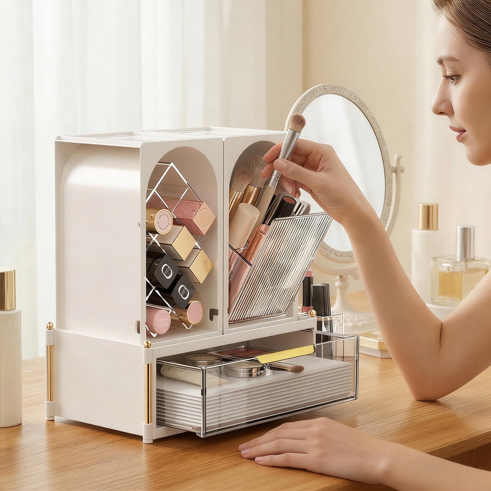 FOLLOWIN Compact Makeup Organizer Set, Lipstick Holder White & Transparent