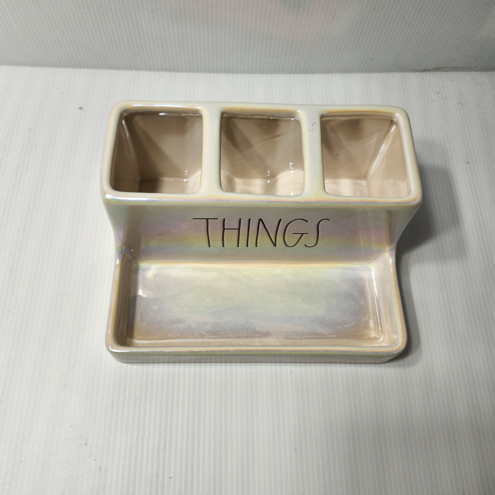 Rae Dunn THINGS Ceramic Desk Bathtoom Organizer 3 Comparmtnets Tray Iridescent