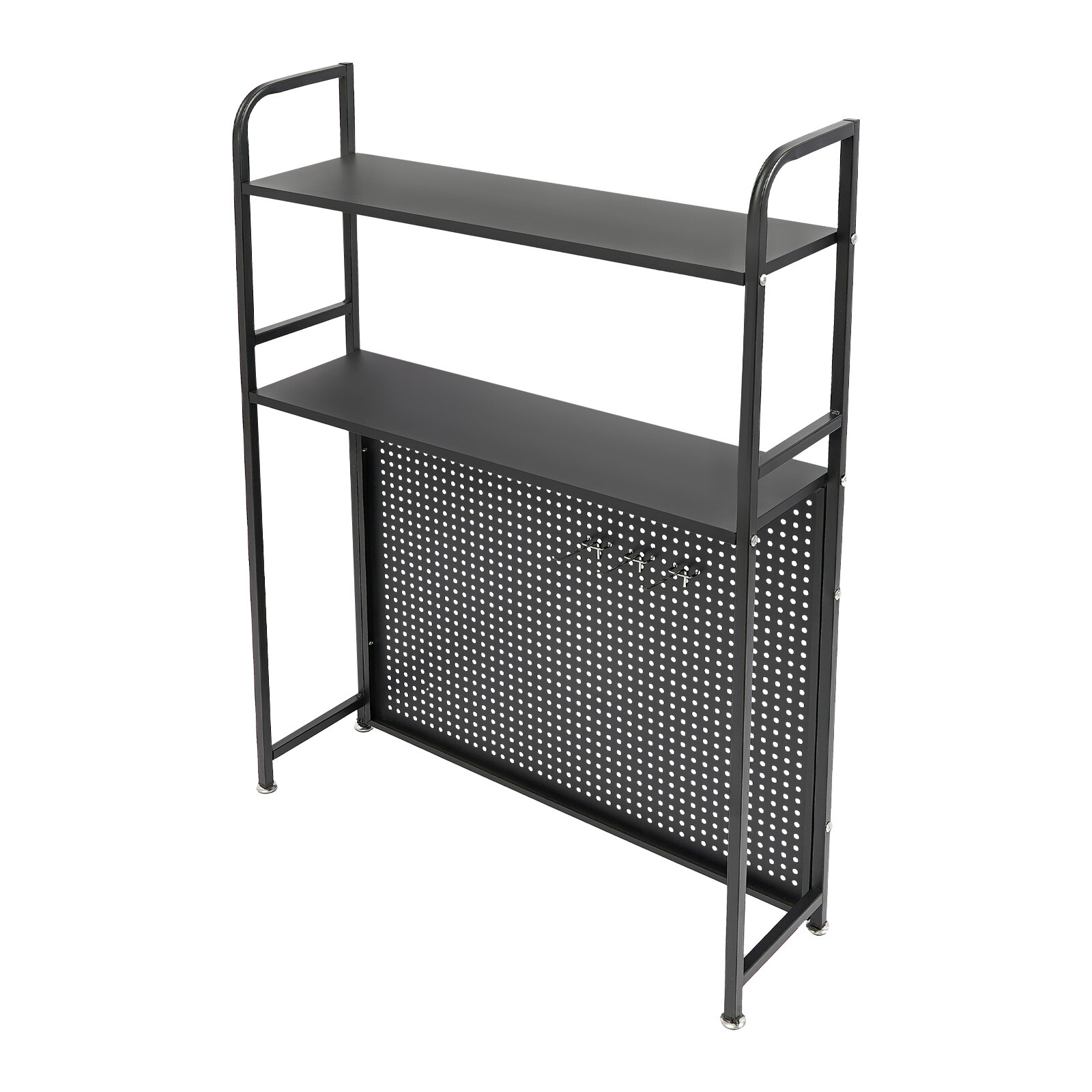 2-Tier Desktop Storage Rack with 3 Hooks, Black Carbon Steel Tabletop Shelf