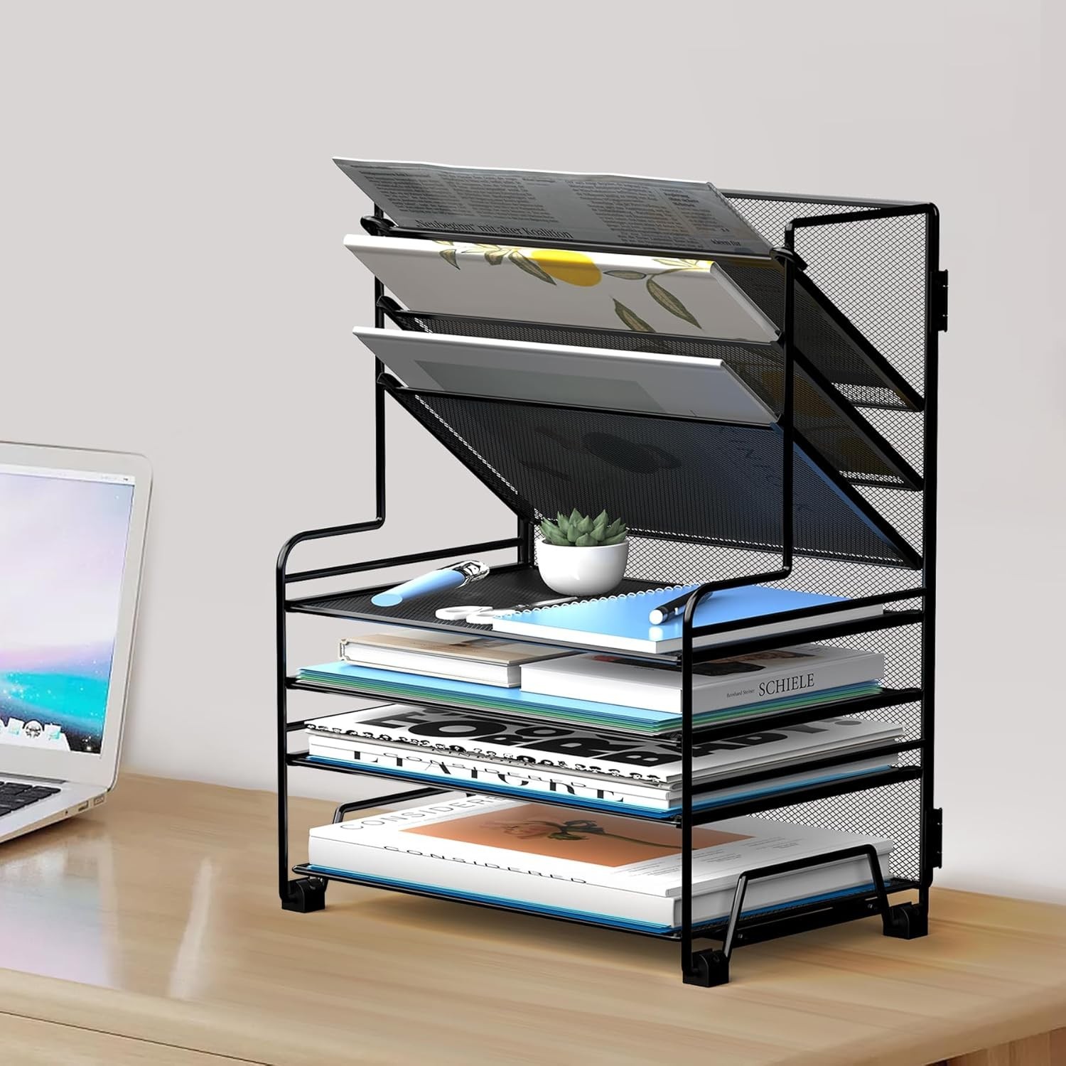 4-Tier Paper Organizer + 3-Pocket File Holder + Drawer + Pen Holders, Desktop…