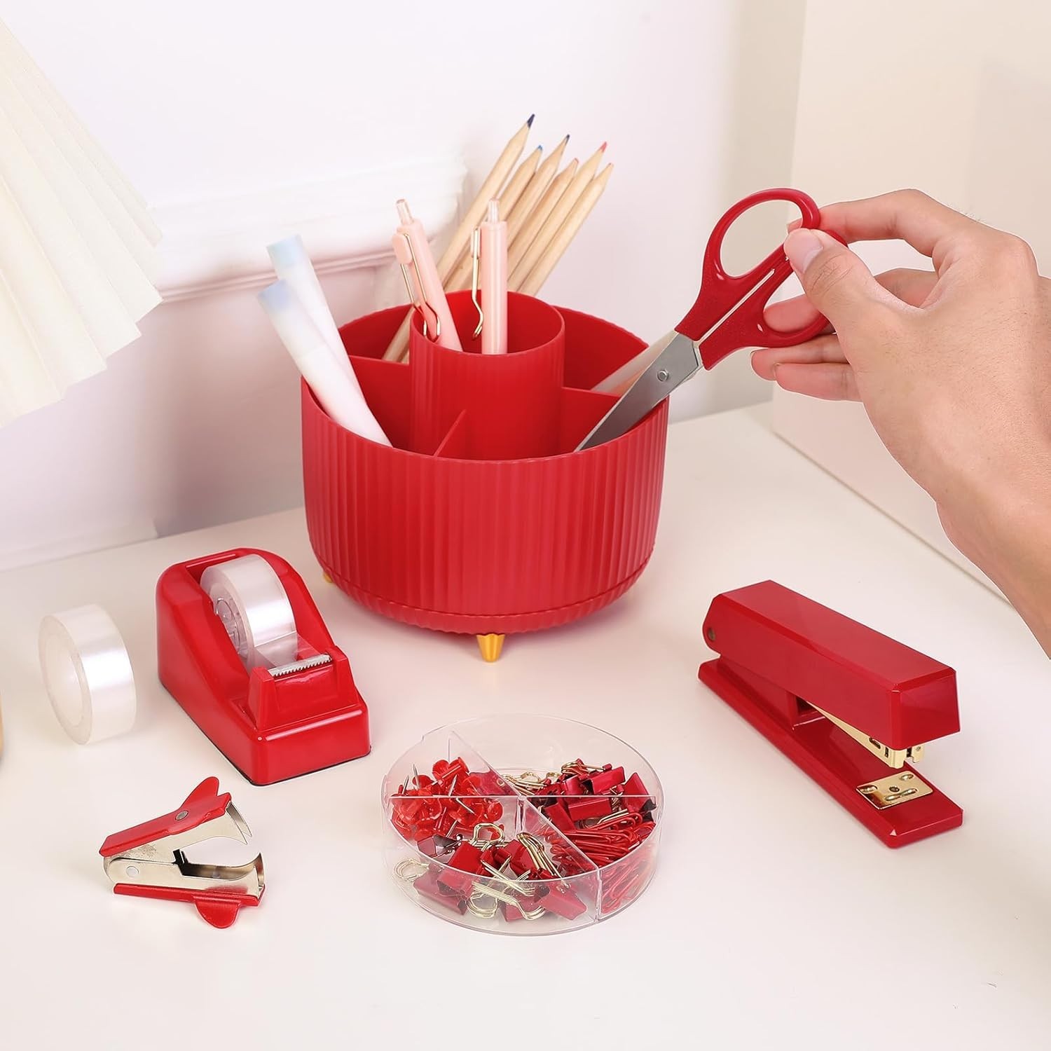 Red Office Supplies Set, Desk Accessories, Stapler, Tape Dispenser, Scissors,…