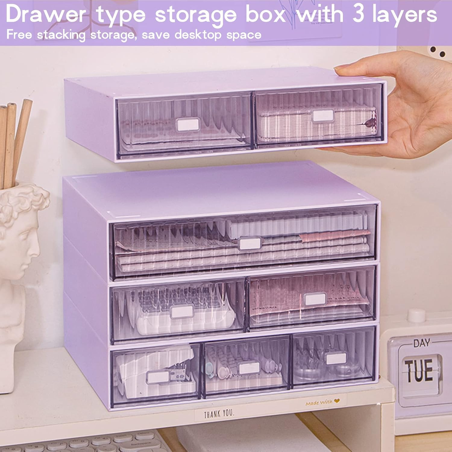 3 Tier Stackable Desk Organizer with 6 Drawers, Plastic Desktop Storage Box Draw
