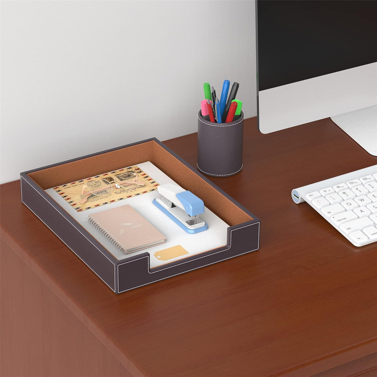 Leather Letter Tray, Elegant Desk Organizer for Office Supplies, Mail, Paper, F