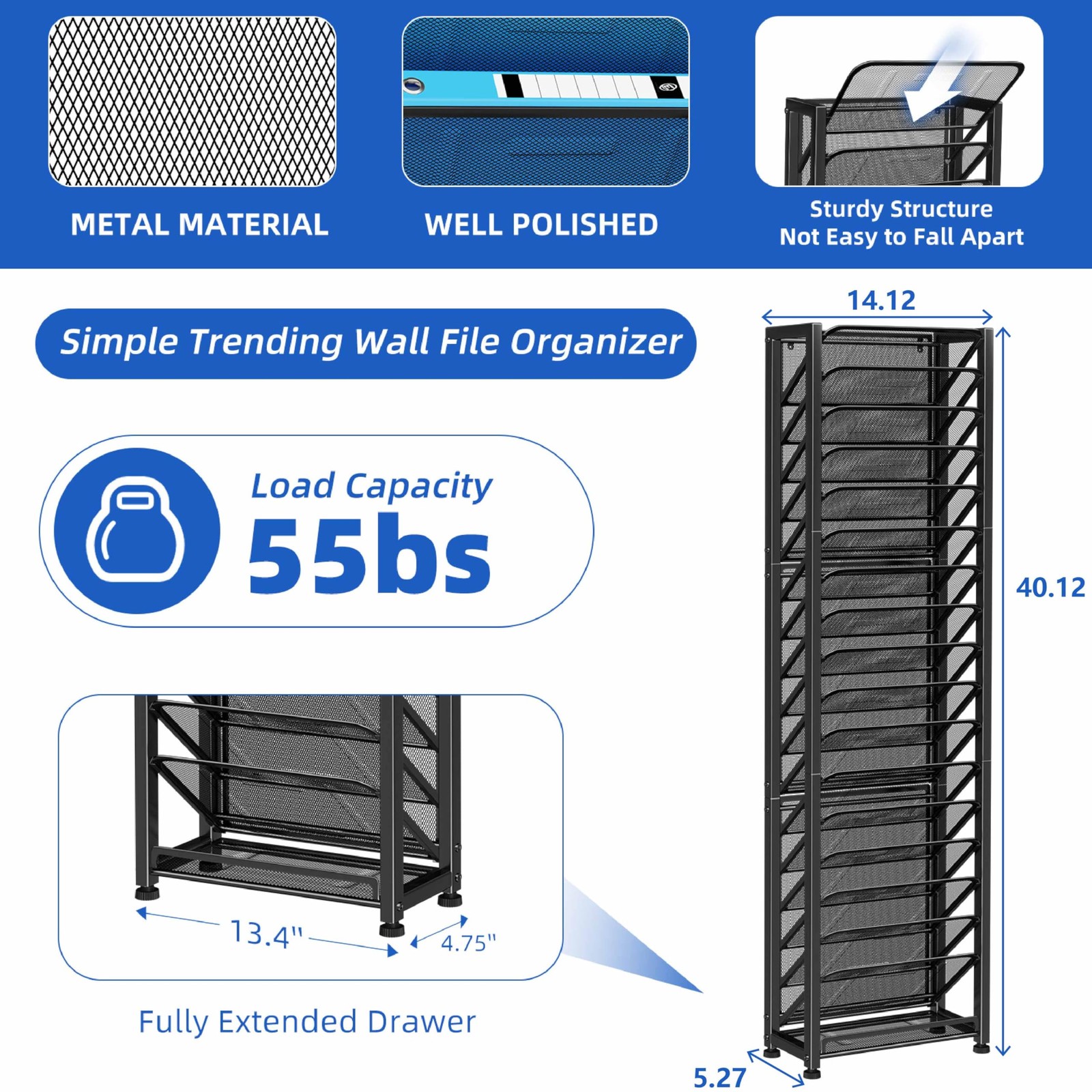 Simple Trending Wall File Organizer, 14.12”L x 5.27”W x 40.12”H, Black