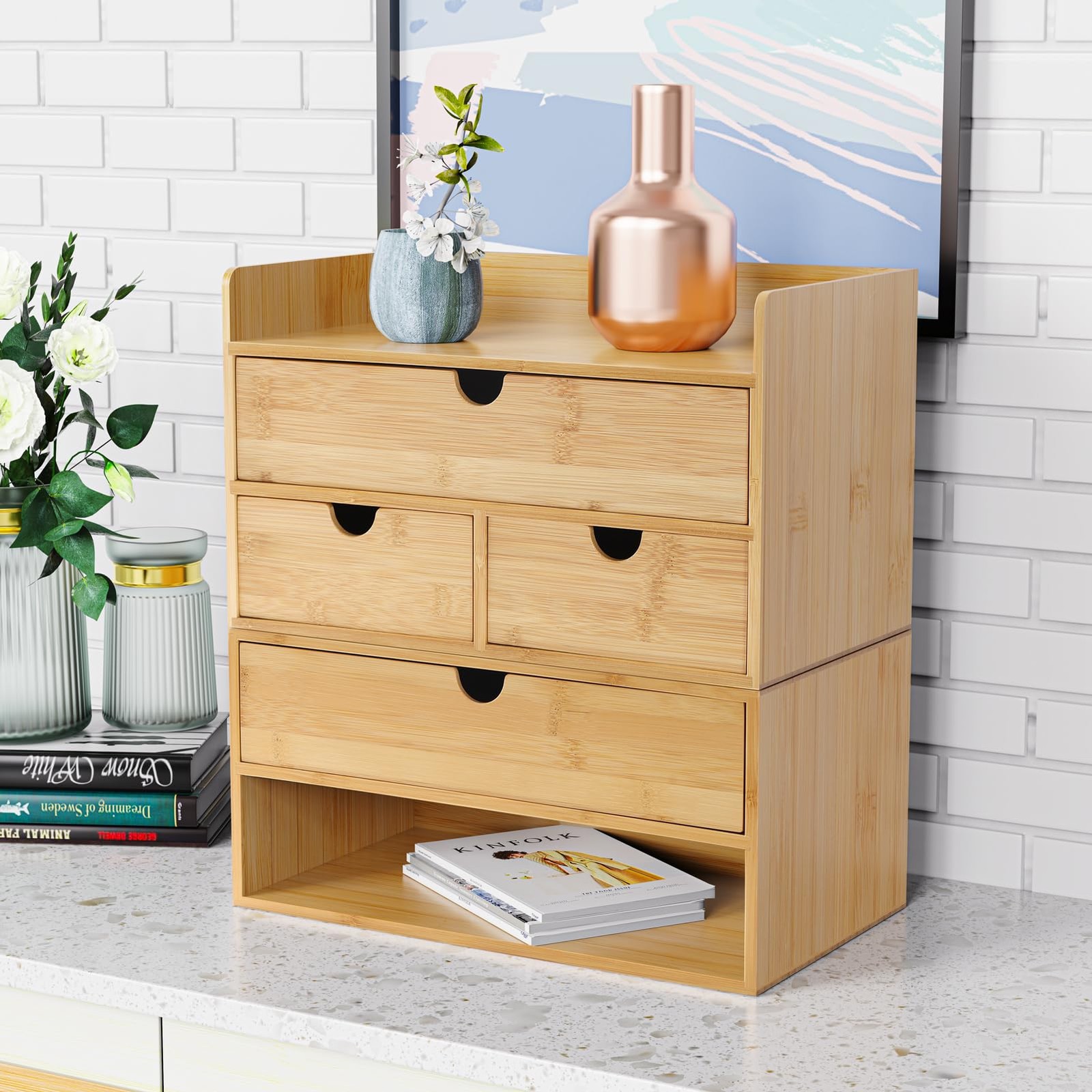 Bamboo Desk Drawer Organizer, 2~Drawer Desktop Storage for Office Home