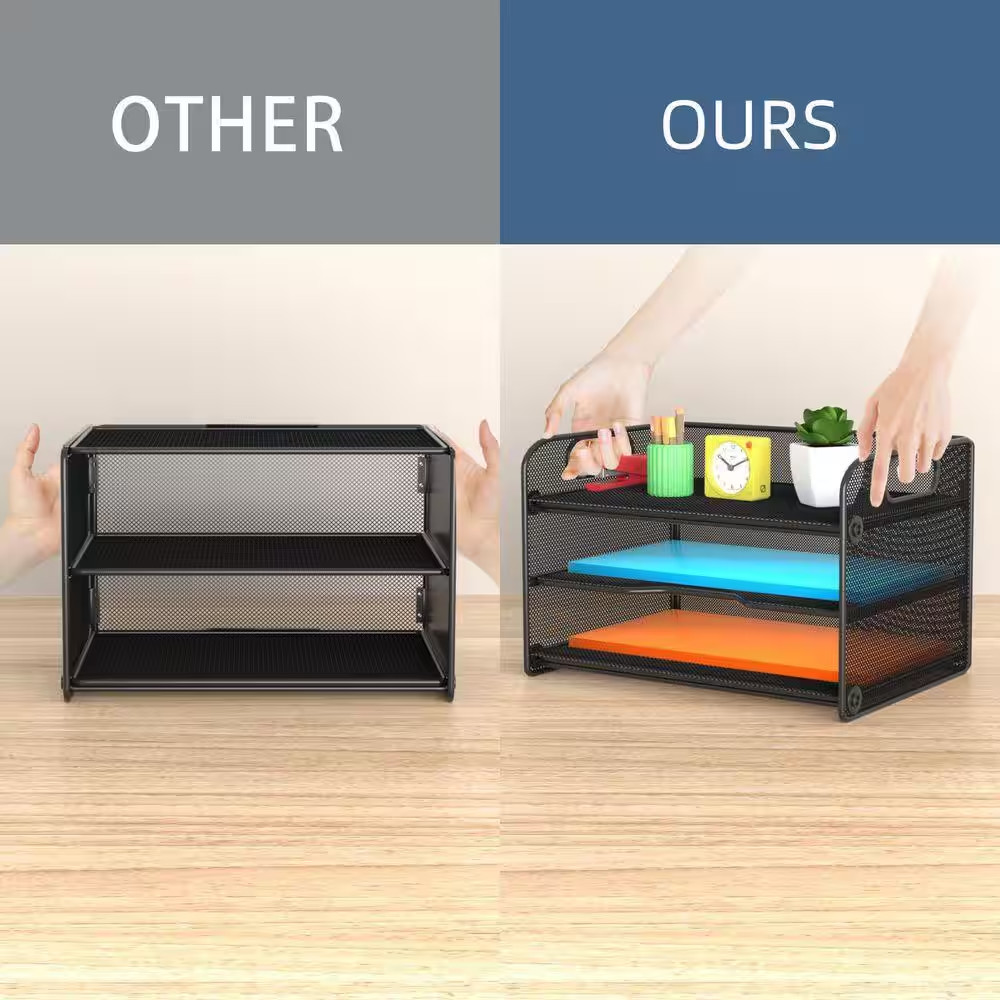 Black 12.8 In. X 1 1.22 In. Mesh 3-Tier Letter Tray Paper Organizer with Handle