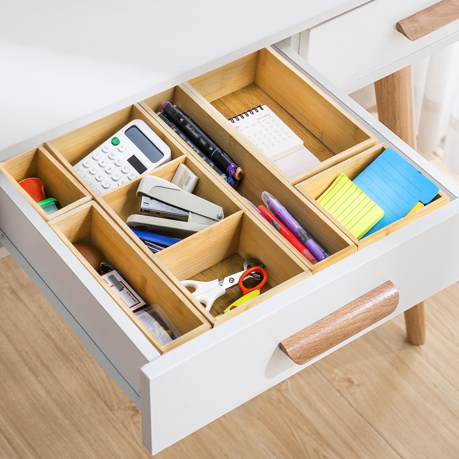 Youeon Set of 6 Bamboo Drawer Organizer Storage Box, Adjustable Natural