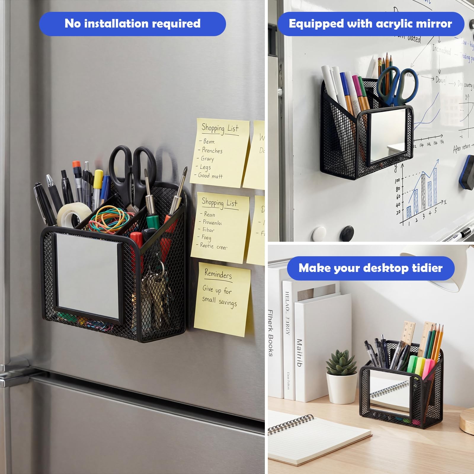 2 Pack Magnetic Mesh Locker Organizer with Mirror, Magnetic Pencil Holder Sto…