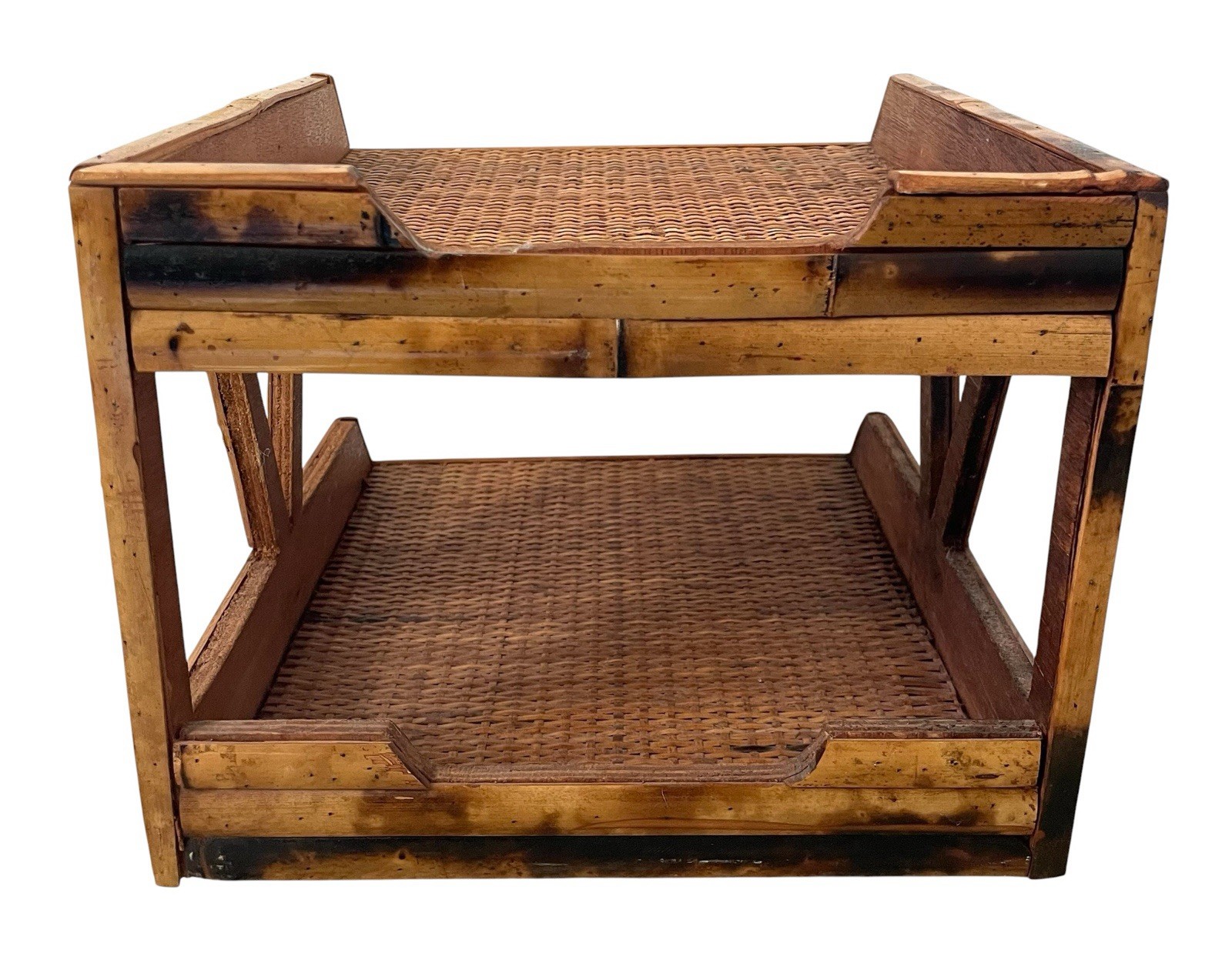 Vintage Burnished Bamboo Woven Rattan 2 Tiered Desk Organizer. Boho Coastal Deco