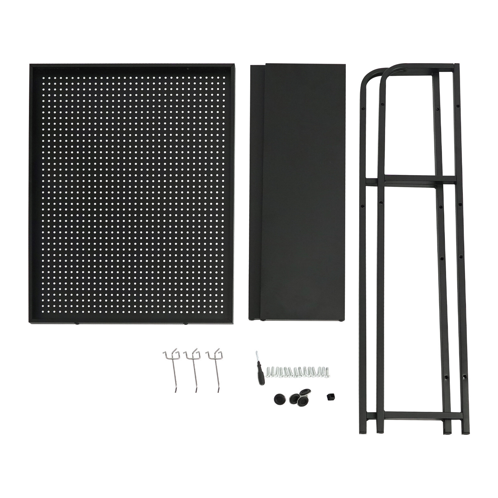 2-Tier Desktop Storage Rack with 3 Hooks, Black Carbon Steel Tabletop Shelf