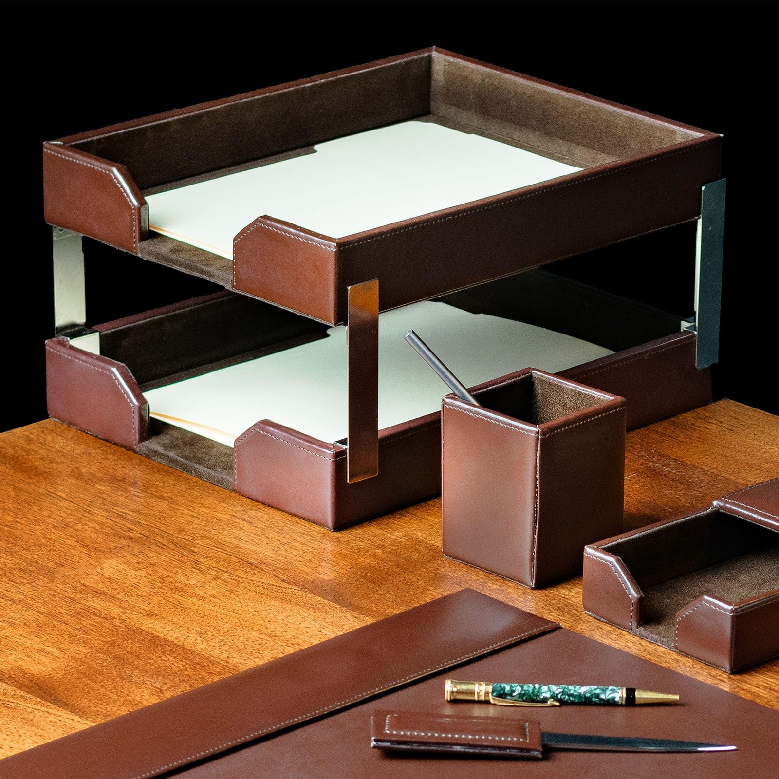Dark Brown Bonded Leather Front-Load Double Letter Tray Set w/Silver Stacking…